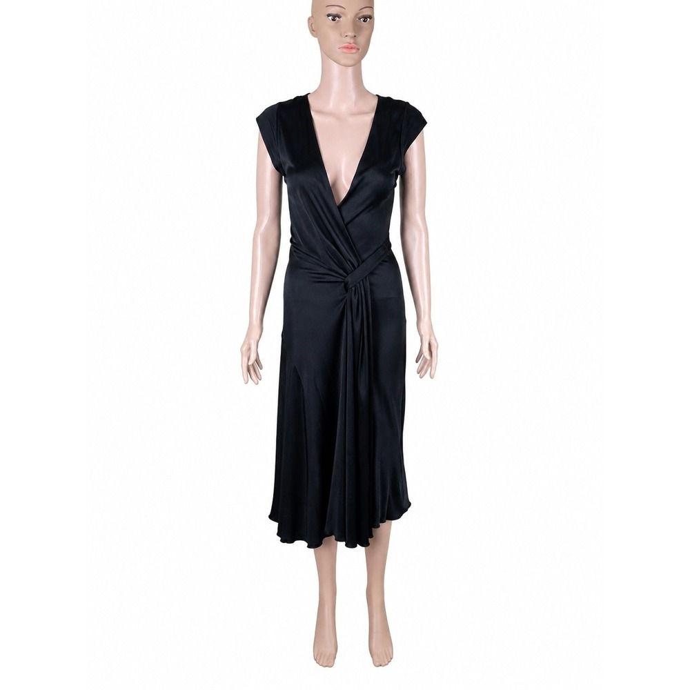 Scanlan Theodore Black Wrap Midi Dress Deep V Neck Draped US 8 Runs Small